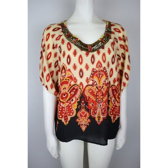 MIAMI - WOMEN'S BEIGE & RED PRINT TOP - BEADED NECKLINE - SIZE M - Picture 1 of 6